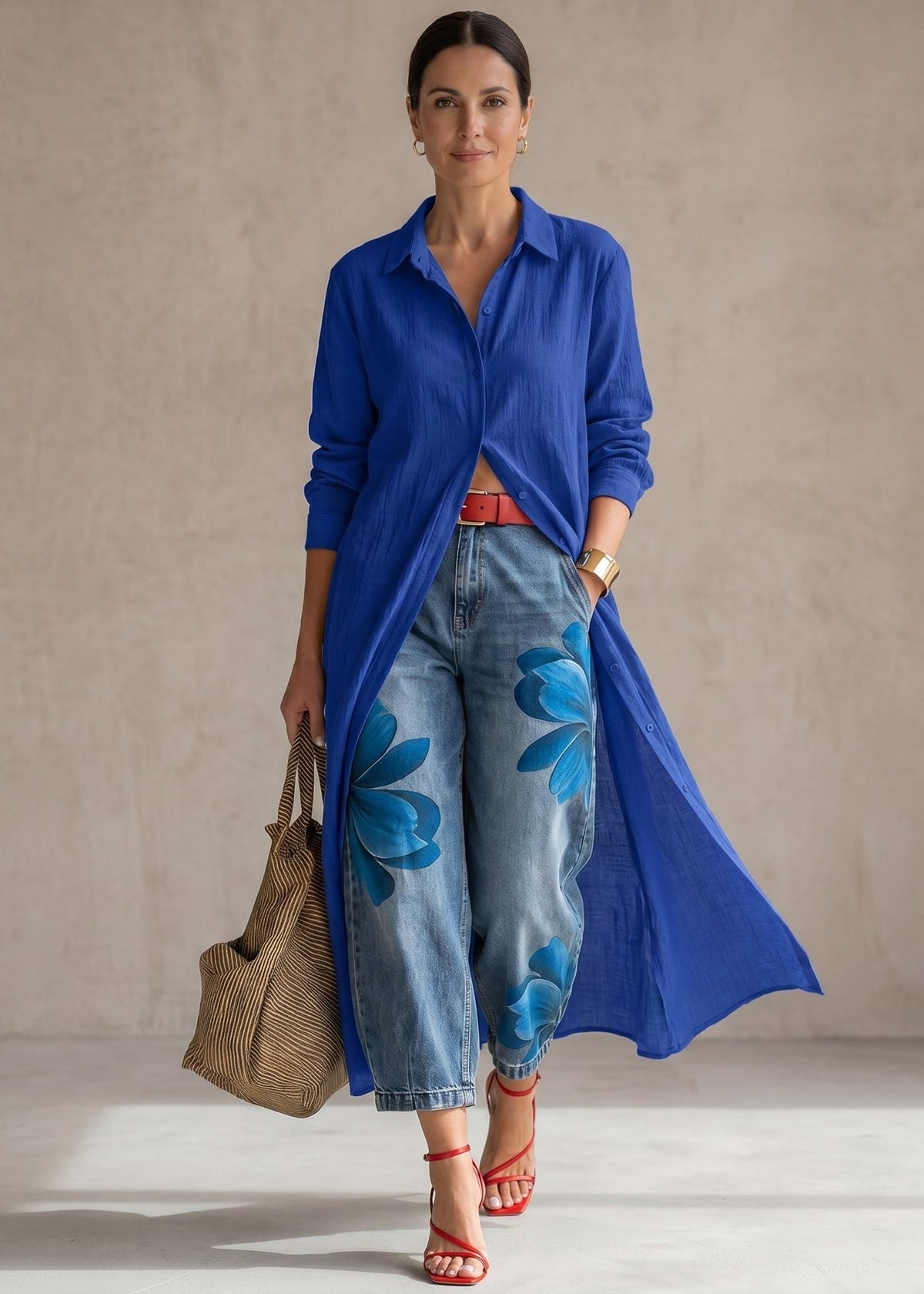 Rosa · Ensemble Robe Chemise Rouge et Jeans Larges Fleuris