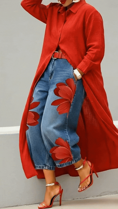 Rosa · Ensemble Robe Chemise Rouge et Jeans Larges Fleuris