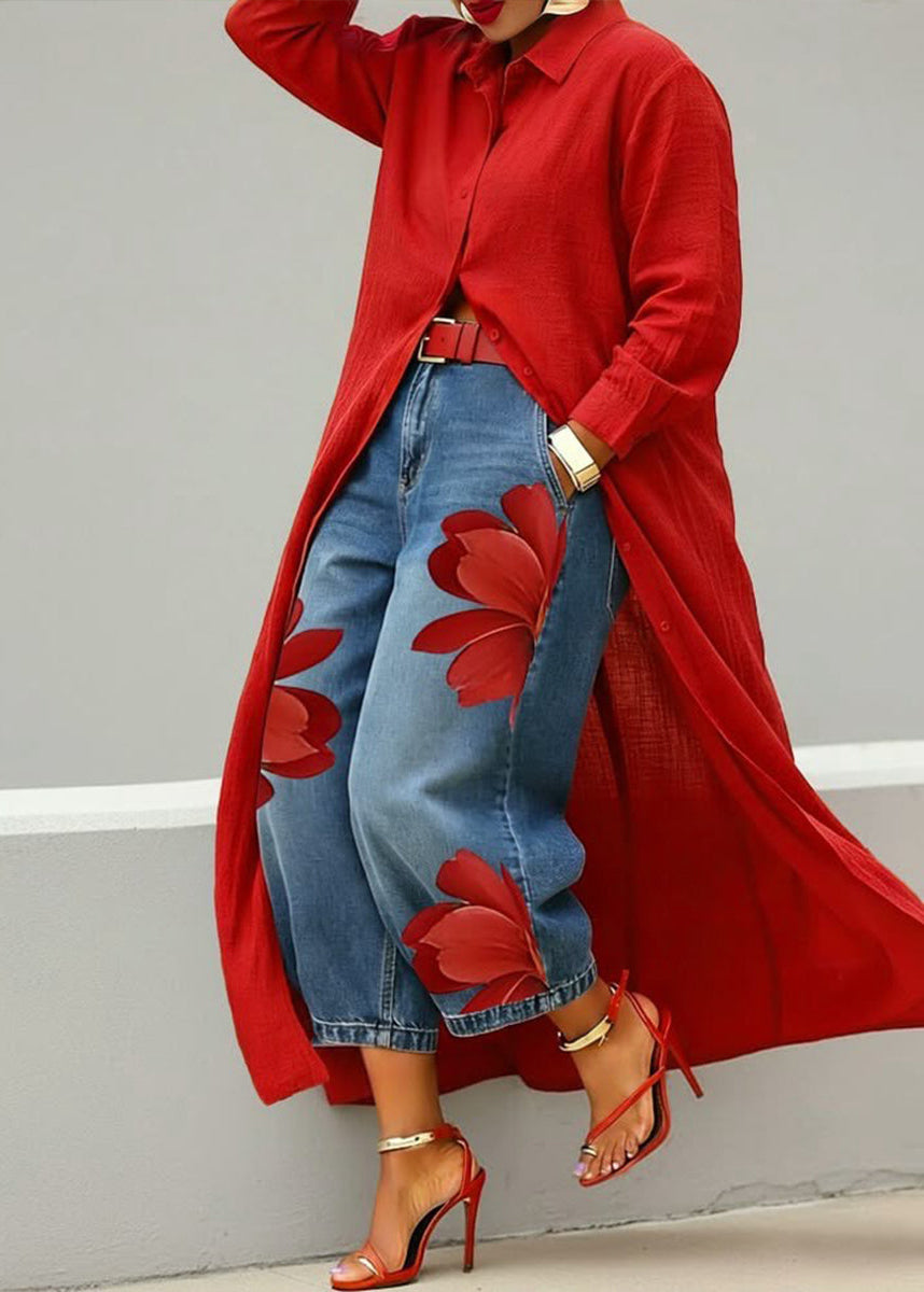 Rosa · Ensemble Robe Chemise Rouge et Jeans Larges Fleuris