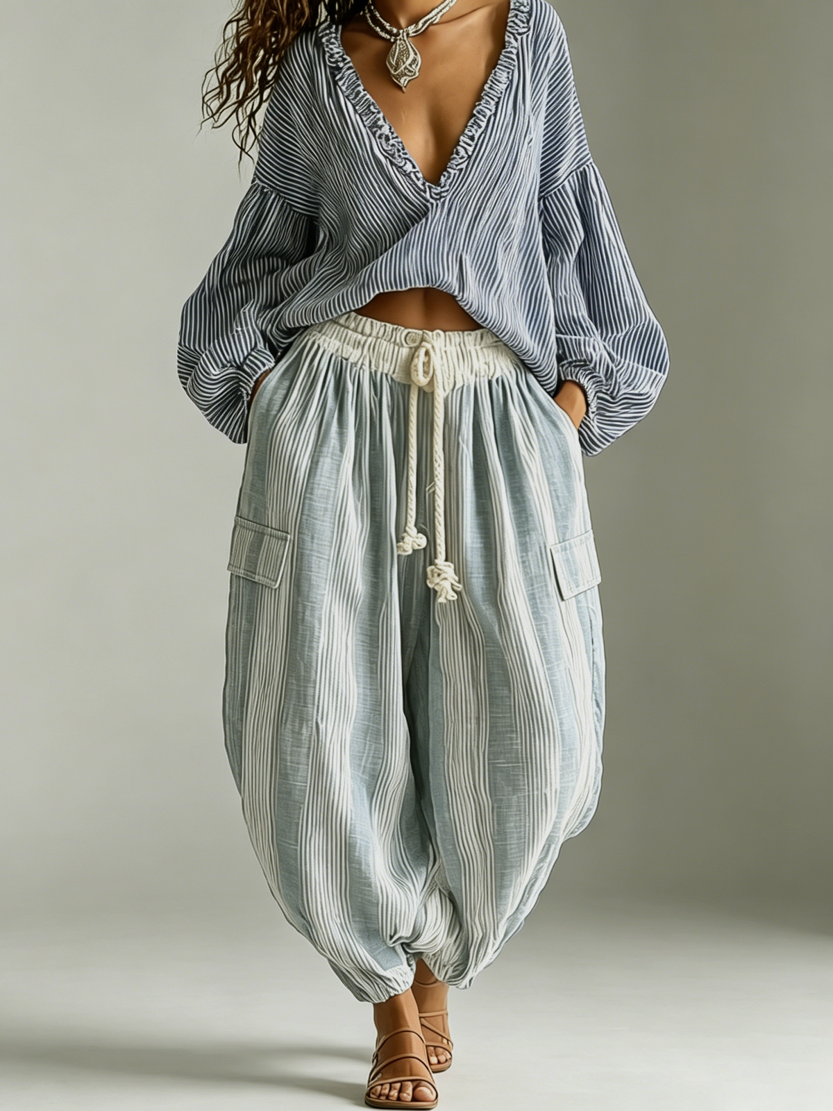 Francesca™ | Ensemble Bohème Haut et Pantalon Rayé avec Manches Lanterne