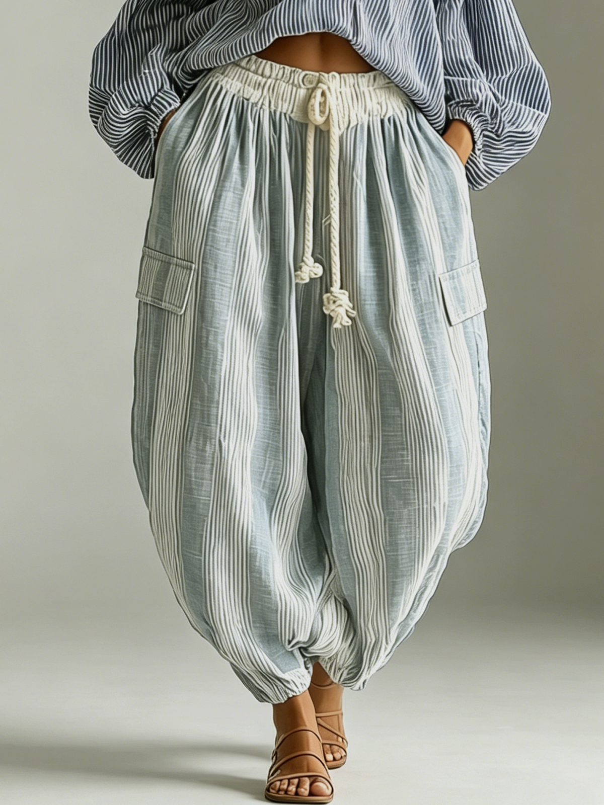 Francesca™ | Ensemble Bohème Haut et Pantalon Rayé avec Manches Lanterne
