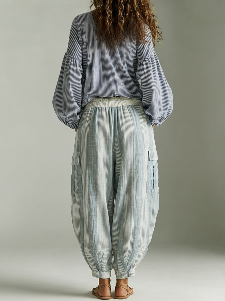 Francesca™ | Ensemble Bohème Haut et Pantalon Rayé avec Manches Lanterne